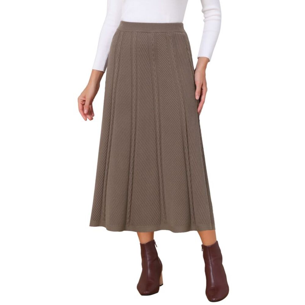 Women's Sweater A-Line Skirts Fall Winter Ribbed Knit Maxi Skirt Brown